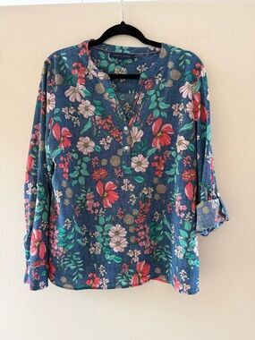 Tommy Hilfiger Navy Floral Henley Blouse With Roll Up Sleeves